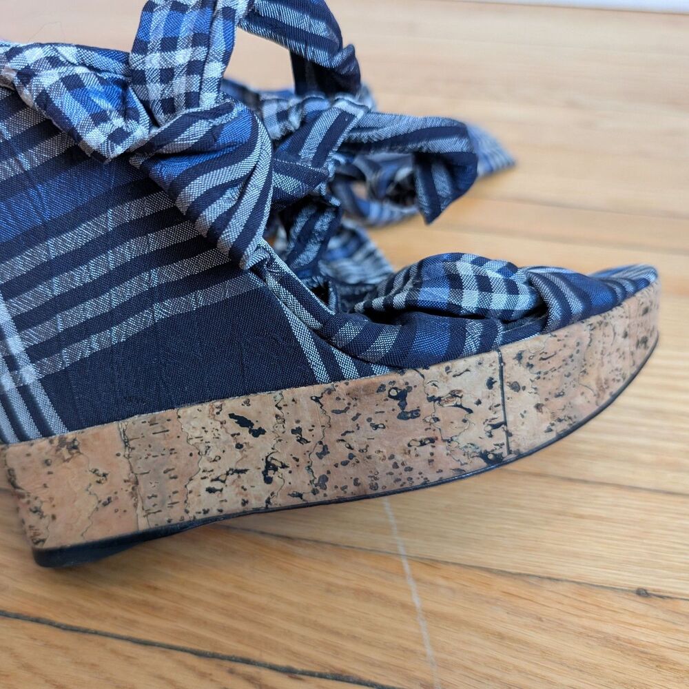 Donna Karan Cork Platform Sandal Madras Wedge Plaid Embossed Logo Designer 8.5 - Picture 9 of 12